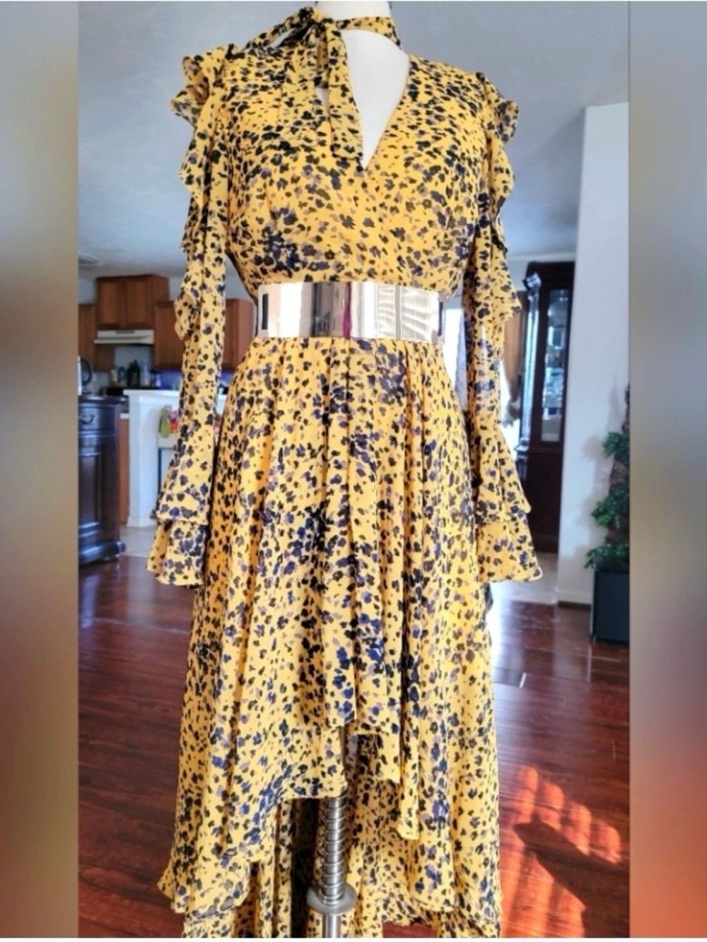 Nasty Gal Yellow Floral High-Low Ruffled Cold-Shoulder Dress